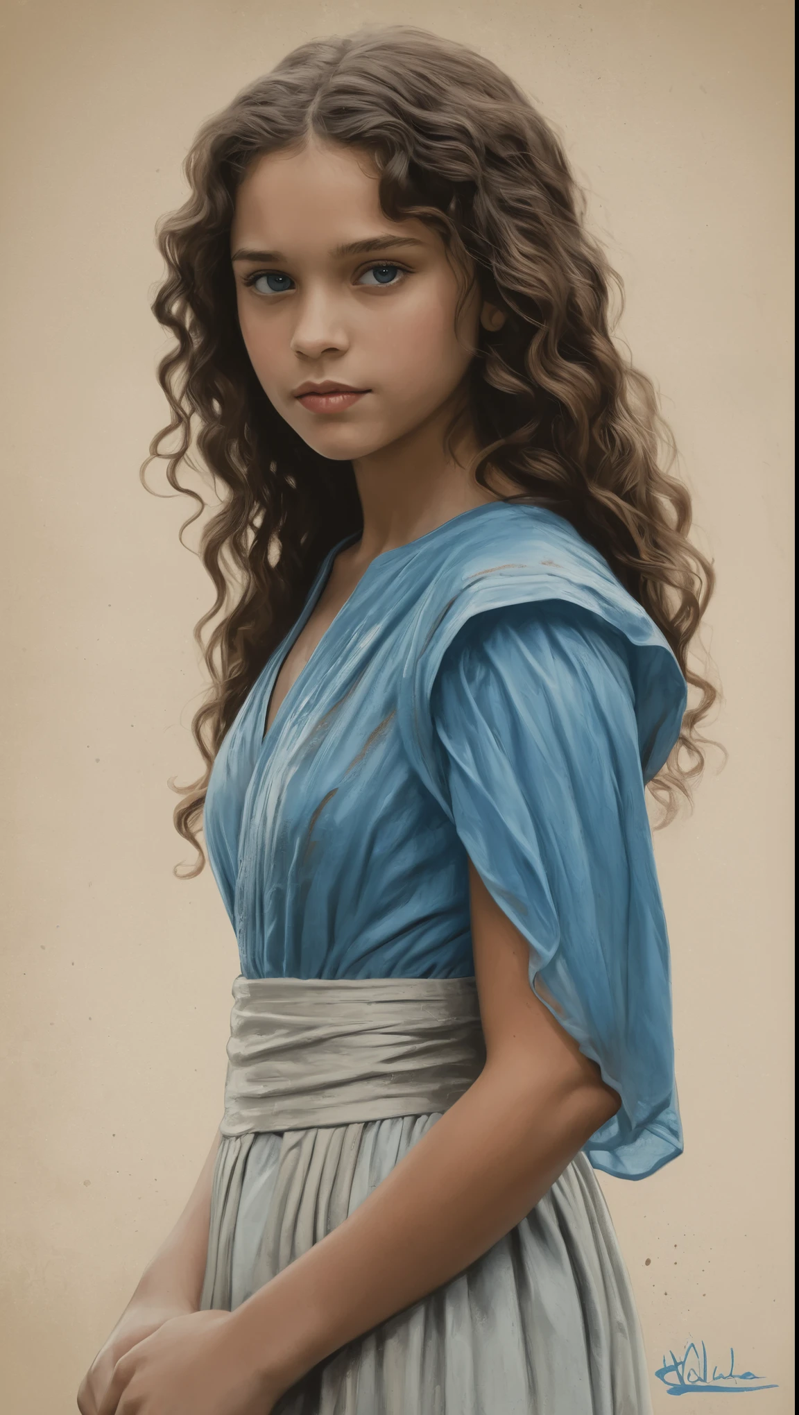 An illustrated movie poster, hand-drawn, full color, a young girl, wearing a chiton, resembles Mathilde Lando, warm brown complexion, azure blue eyes, dark hair, long loose curls, waist-length hair, posing on a pedestal, hard shadows, graphite shading, stencil marks, airbrushed acrylic paint, masterpiece, in the style of Game of Thrones