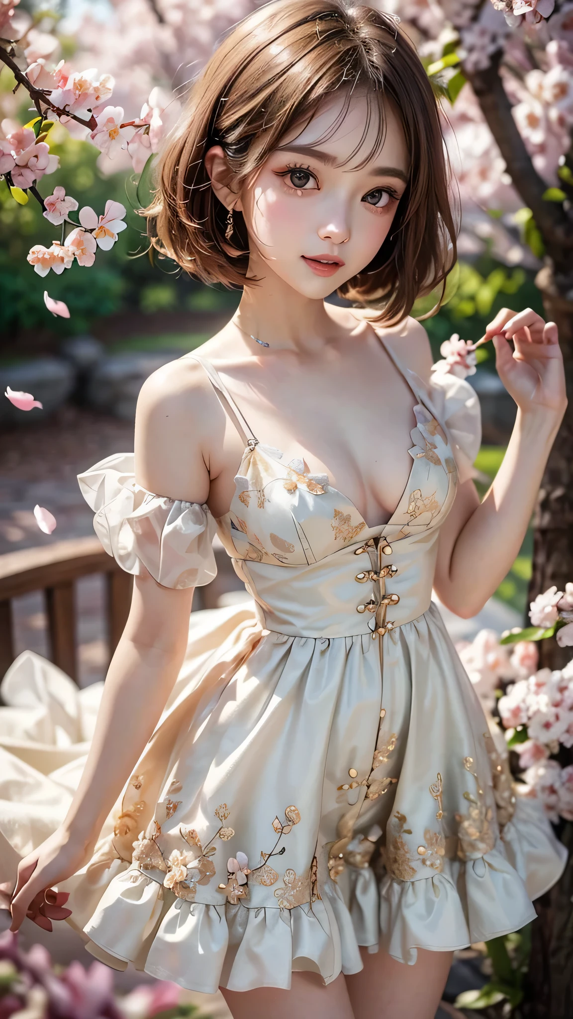Beautiful white and shining skin、Chestnut hair that changes depending on the light、Long bangs between the eyes that obstruct the view、Cheek gloss highlights、Sexy and very beautiful nice gorgeous face、the most beautiful face in the world、small face beauty、golden ratio、full body shot、short hair、plump breasts、cleavage、slender、open your mouth a little、solo、natural soft light、Spring-like fashion、Chiffon frill flare dress、Cherry blossom trees、Dancing cherry blossom petals、