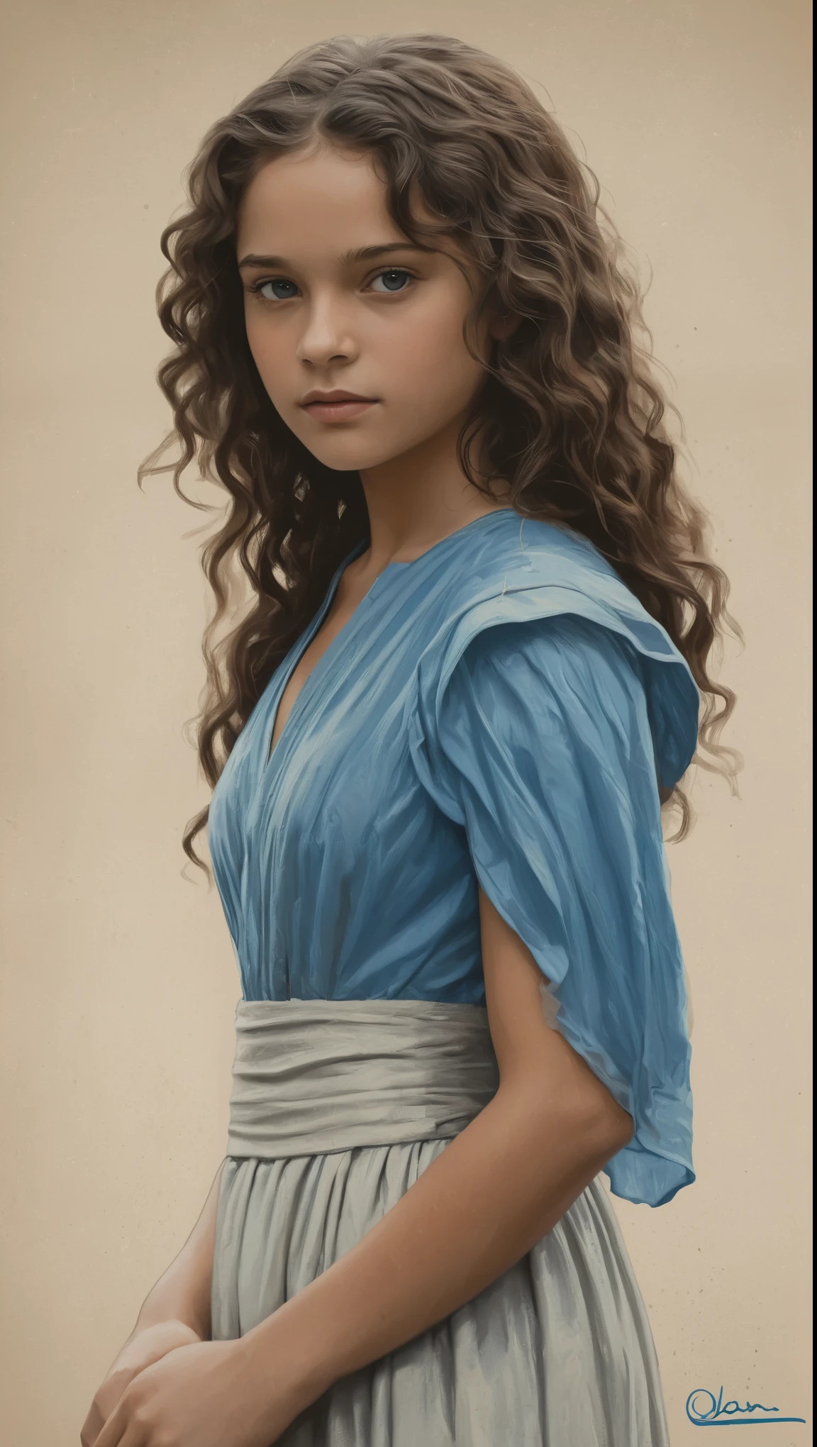 An illustrated movie poster, hand-drawn, full color, a young girl, wearing a chiton, resembles Mathilde Lando, warm brown complexion, azure blue eyes, dark hair, long loose curls, waist-length hair, posing on a pedestal, hard shadows, graphite shading, stencil marks, airbrushed acrylic paint, masterpiece, in the style of Game of Thrones