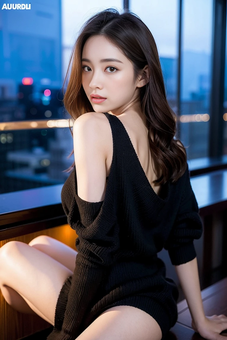 dark brown hair、light brown eyes、Japanese actress face、 lady、I'Iは彼とIが好きです'I'Iは40歳くらいです.、(intricate details:1.2)、(which one is the top?:1.4)、 (ultra high resolution:1.2)、ultra high resolution、(finely tuned)、(detailed facial features)、nffsw、8K resolution、D cup size breasts、long hair、rooftop bar、night view、luxurious space、relax、、,full body photo、head to toe shot、beautiful feet、camisole dress、beautiful feet、she, center of fashion, extreme details, very detailed, realistic, hourglass body, obscene pose,、、I cry a lot、tears、diagonally from below、raise your chin、put your butt against the wall、relaxした表情、Pose of Weakness、(auraroid photo:1.2)、from outside the window、A masterpiece of transparent painting、8K、32k、highest quality、(Details of both eyes)、1 girl、elegant、(black loose knit :1.4)、night view。(Low - Angle、見上げてIを見ている:1.2)、Hilarious、look at the camera、