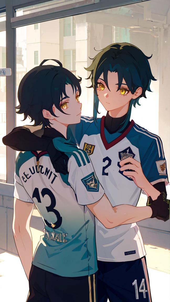 2 boys,dark green hair,highest quality,masterpiece,excessive,male focus,yellow eyes,beautiful eyes,beautiful boy,School,between men,Spouse,soccer club members,Blue soccer uniform,soccer,high school,soccer uniform,blue clothes,soccer court,teammate,same clothes,shoulder to shoulder,feminine,good friend,best image quality,