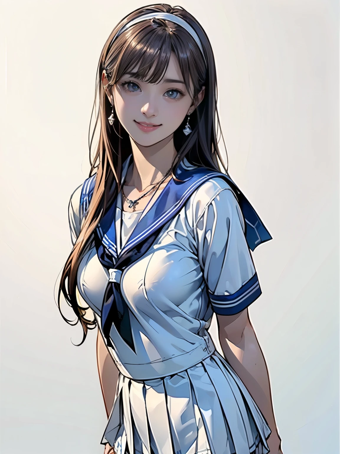 ((((highest quality))))、(((Ultra-precision CG16K wallpaper)))、(((masterpiece)))、(((Super detailed)))、(((super extreme details)))、((1people's women))、mature woman、24 year old woman、((Japanese face))、((very beautiful face))、((Mai Shiraishi:1.5))、((straight semi-long hair、blunt bangs:1.3))、(shiny brown hair)、beautiful delicate eyes、brown eyes、raised eyebrows、high nose、small nostrils、small mouth、seductive lips、beautiful breasts、((C cup size breasts))、cleavage、plump body、(Chubby body type)、perfect proportions、perfect anatomy、perfect composition、beautiful detailed shading、beautiful natural lighting、beautiful detail glow、Depth of the bounds written、(((High chroma)))、(((real:1.9)))、((vivid:1.5))、((edge:1.6))、((beautiful skin))、((skin texture))、((realな皮膚感))、(((cowboy shot:1.5)))、((Front facing angle:1.5))、((shy smile:1.5))、(Eyes looking at me:1.5)、Bright daylight、Natural light、(((plain background:1.3)))、(standing pose:1.5)、(((high school girl sailor suit_White clothing、pleated mini skirt_Dark blue clothing:1.6)))、((hair band、earrings、wearing necklace:1.3))、