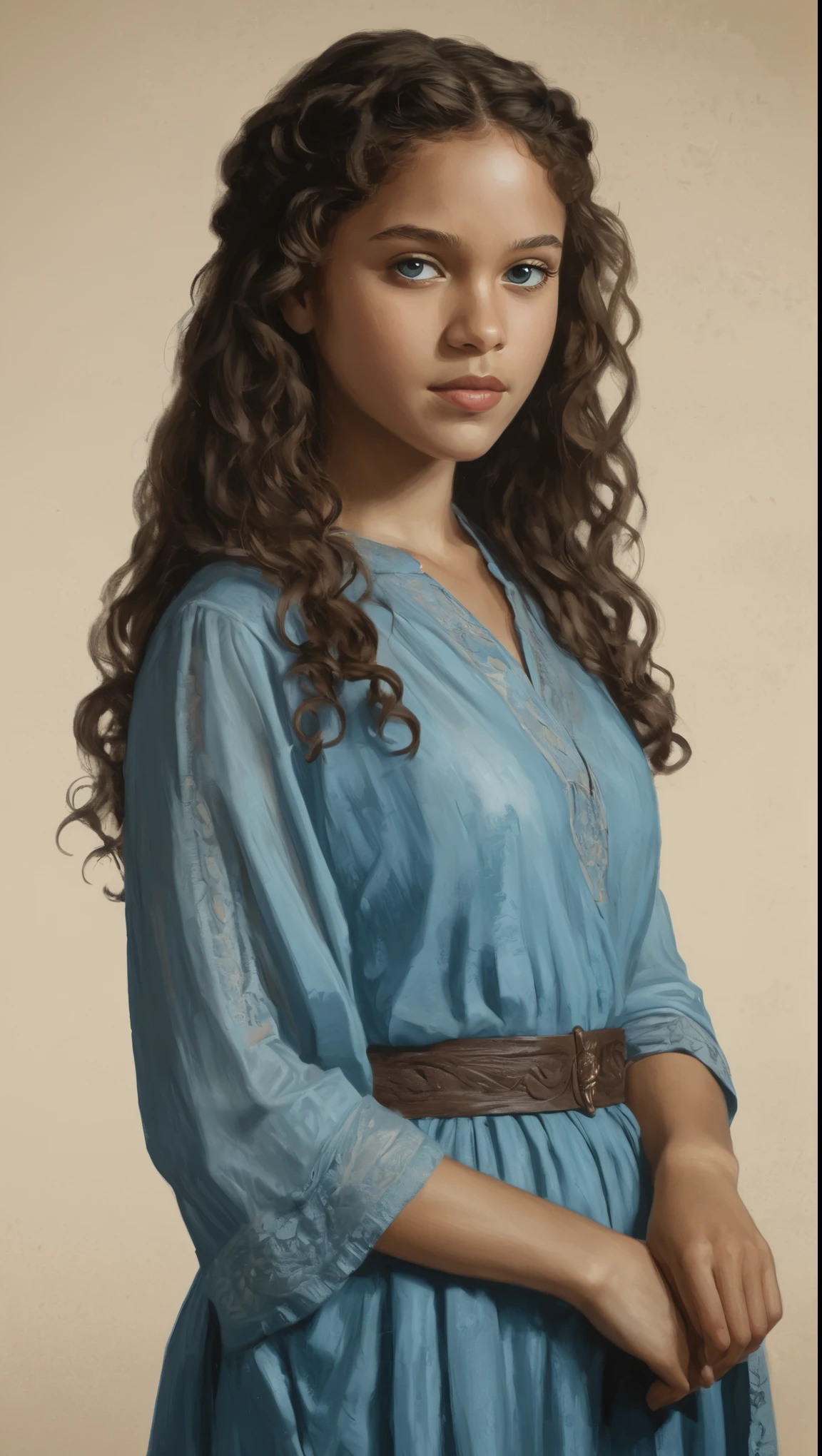 An illustrated movie poster, hand-drawn, full color, a young girl, wearing a chiton, resembles Mathilde Lando, warm brown complexion, azure blue eyes, dark hair, long loose curls, waist-length hair, posing on a pedestal, hard shadows, graphite shading, stencil marks, airbrushed acrylic paint, masterpiece, in the style of Game of Thrones