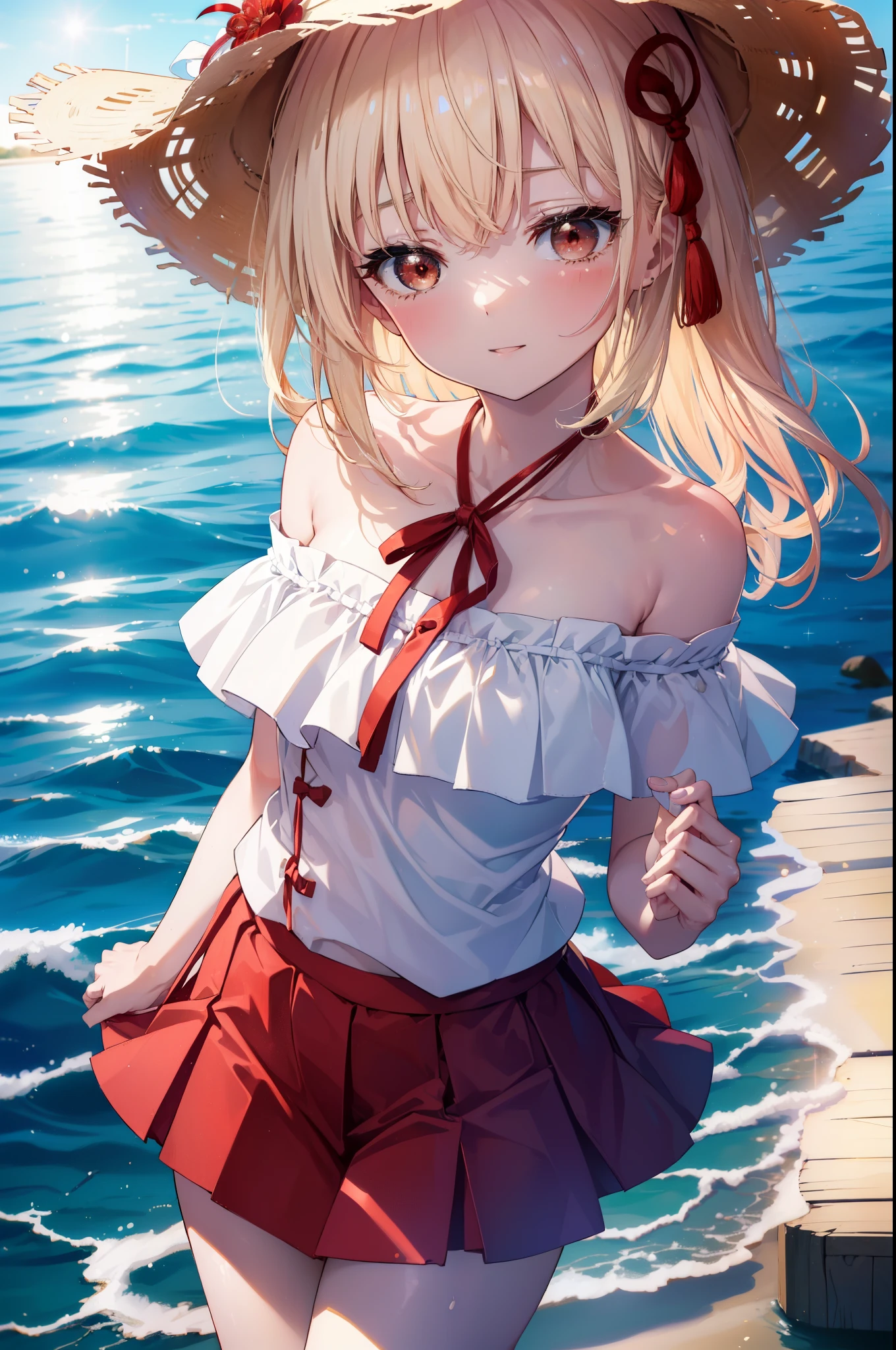 chisatonishikigi, nishikigi chisato,long hair , bangs, blonde hair, (red eyes:1.5), happy smile, smile, open your mouth,big straw hat,off shoulder dress,long skirt, neck,bare shoulders,bare clavicle,Grab the skirt with both hands and lift it up,barefoot,beachの砂浜を散歩しながら,風になびくblonde hair, real summer,Light of the sun,
break outdoors,beach ,
break looking at viewer,whole body (cowboy shot:1.5),
break (masterpiece:1.2), highest quality, High resolution, unity 8k wallpaper, (shape:0.8), (fine and beautiful eyes:1.6), highly detailed face, perfect lighting, Very detailed CG, (perfect hands, perfect anatomy),