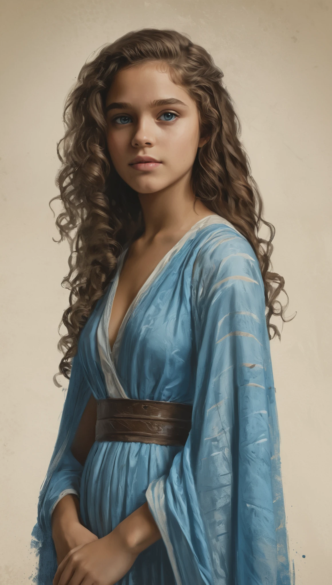 An illustrated movie poster, hand-drawn, full color, a young girl, wearing a chiton, resembles Mathilde Lando, warm brown complexion, azure blue eyes, ashy hair, long loose curls, waist-length hair, posing on a pedestal, hard shadows, graphite shading, stencil marks, airbrushed acrylic paint, masterpiece, in the style of Game of Thrones