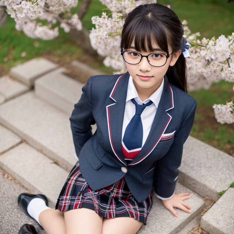 (masterpiece, highest quality, High resolution,8K), Beautiful 15 year old Japanese student, wear glasses, beautiful black hair, wear glasses, Traditional ,(navy blue blazer,white collared shirt, dark red bow tie, Grey plaid pleated skirt, black stockings, black loafers), big breasts, cleavage, Japanese school with cherry blossoms in full bloom , Photographed at the best angle