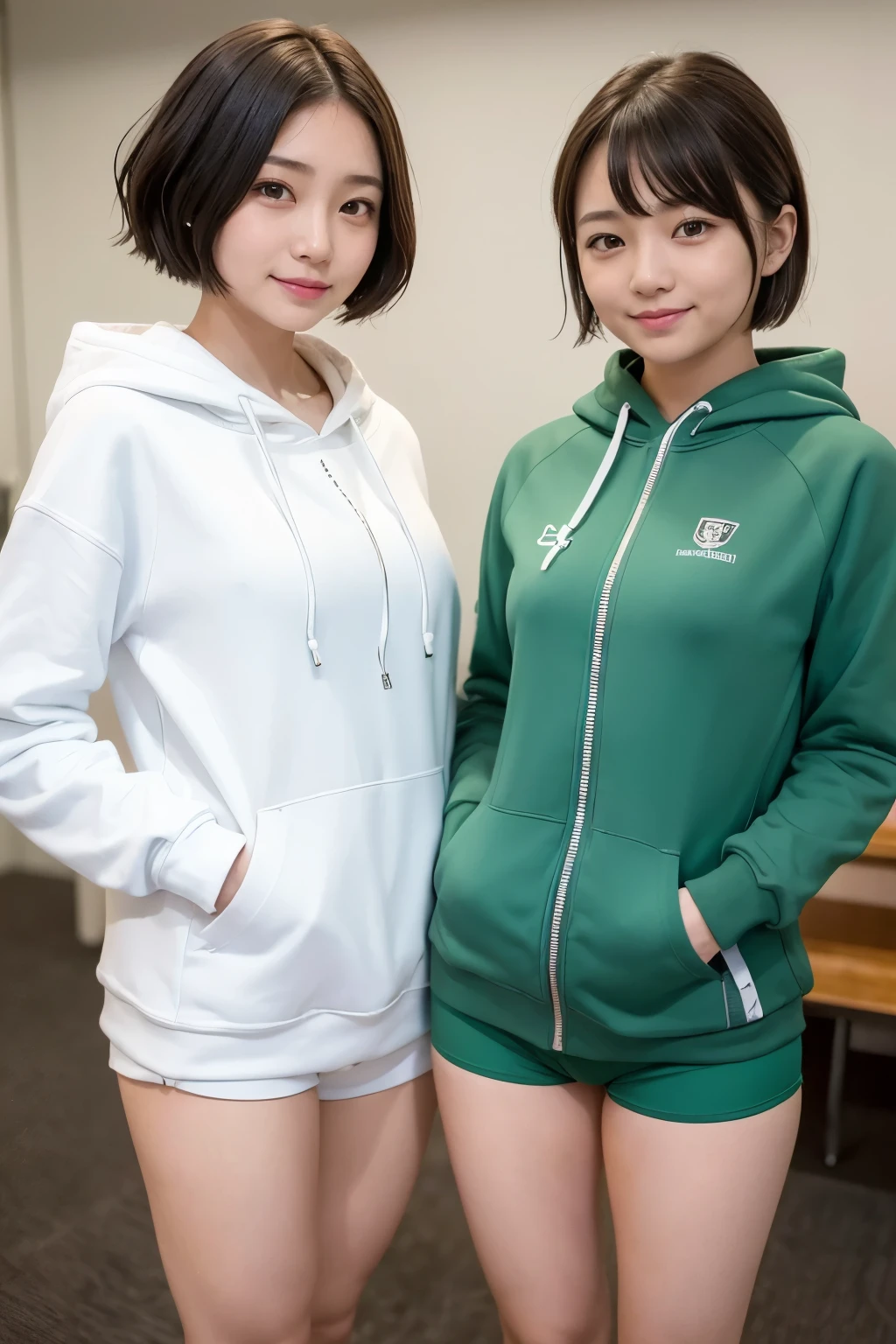 (2 girls, same height :1.2) ,Rear view, couple focus , 15 years old, japanese girl , (smile:0.7), stand next to each other , Upper body, Gym suit, white long sleeve hoodie, hood, school swimwear, , 美しいthighs,please reconsider, realistic butt crack, thin waist, 細いthighs, thin legs, long legs, にやにやのsmile, very short hair , bob hair, (high color saturation:1.0), (highly detailed skin), (highest quality:1.0), (ultra high resolution:1.0) ,(realistic:1.0), (Super detailed:1.0), (8K, Raw photo:1.1)、thighs、knees、share、from below