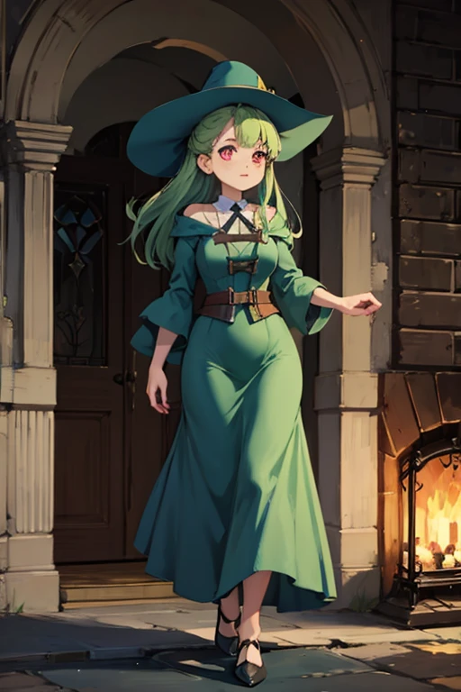 a light green haired female witch with pink eyes with an hourglass figure wearing a Victorian dress is walking with a talking tree