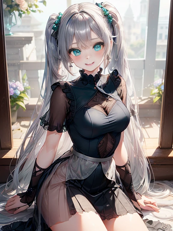 小さなgirl、The arrival of spring、big ass、 (alone:1.5,)Super detailed,bright colors, very beautiful detailed anime face and eyes, look straight, ;d, shiny_skin,girl, ((long silver hair,The inner color is red 、forehead is exposed.、green eyes、、shiny hair, delicate beautiful face, blush、(turquoise eyes), White skin, Valletta, earrings,、blue flower field、((black、(transparent silver dress sedan sexy clotheini skirt)))、twin tails、smile、smile、Face dyed red