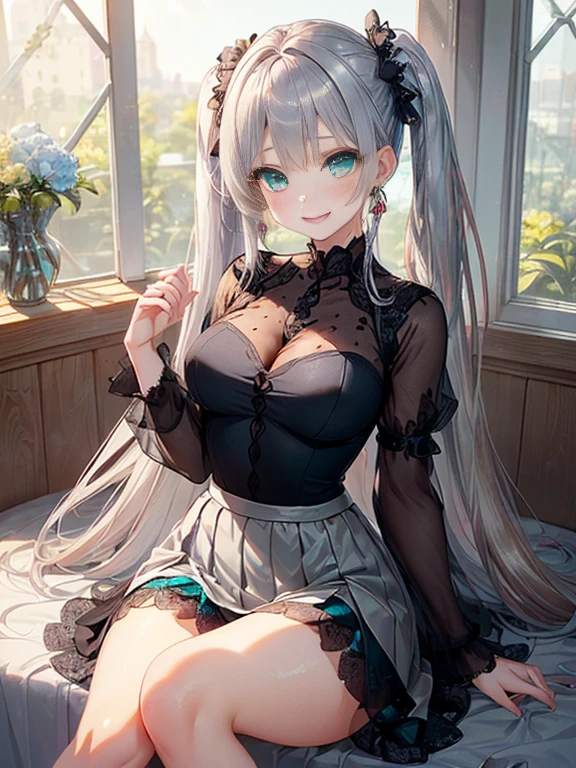 小さなgirl、The arrival of spring、big ass、 (alone:1.5,)Super detailed,bright colors, very beautiful detailed anime face and eyes, look straight, ;d, shiny_skin,girl, ((long silver hair,The inner color is red 、forehead is exposed.、green eyes、、shiny hair, delicate beautiful face, blush、(turquoise eyes), White skin, Valletta, earrings,、blue flower field、((black、(transparent silver dress sedan sexy clotheini skirt)))、twin tails、smile、smile、Face dyed red