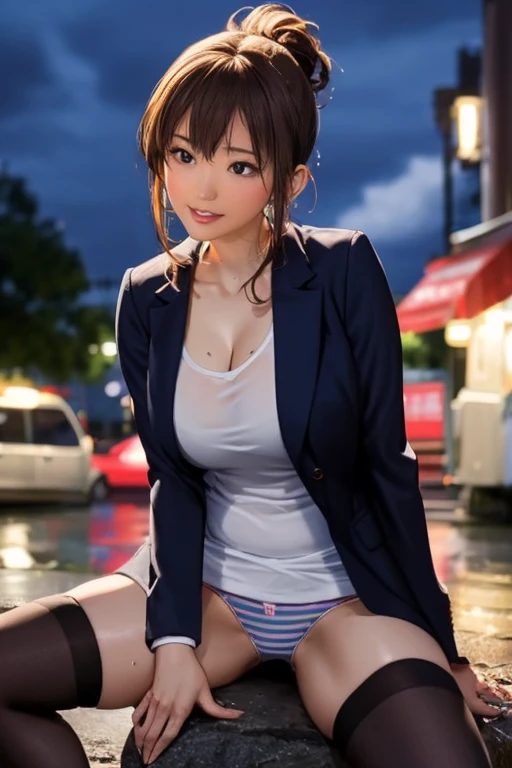 High-definition images, atmospheric perspective, 8K, Super detailed, Accurate, highest quality, anime background, 1 female, (ecstasy face), (droopy eyes), (blush), (sleepy), Exquisitely designed pastel striped panties, (Her wet panties are digging into her crotch.), Draw pants with super precision), ((showing off her panties)), spread legs, open your mouth, gray suit, ((swollen areola)), A country boy in ugly clothes, Thigh-high stockings, hair up, Strange pose, outside, straddle, night, in the rain,Sweat
