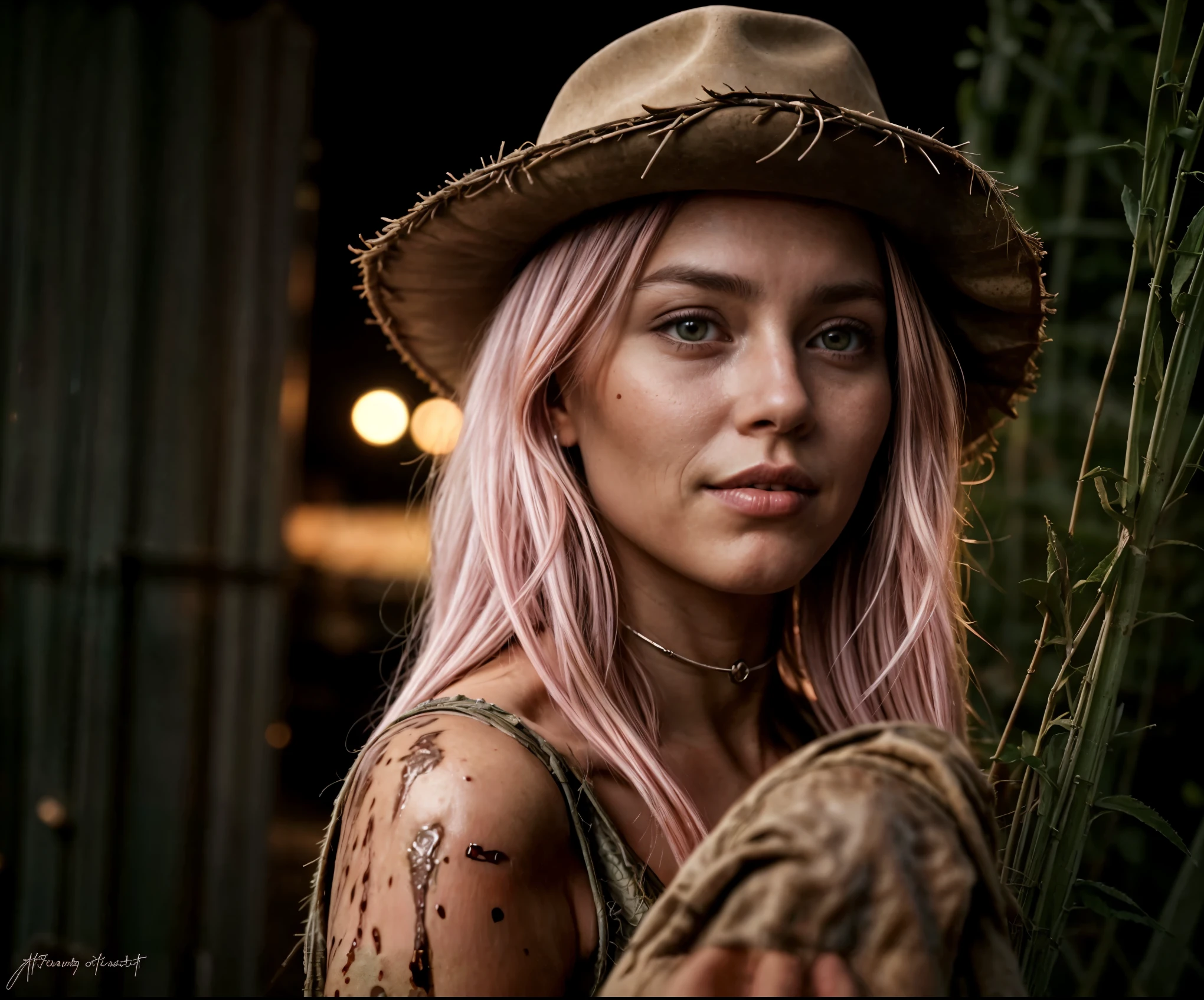 Farmer girlfriend portrait, farm at sun set