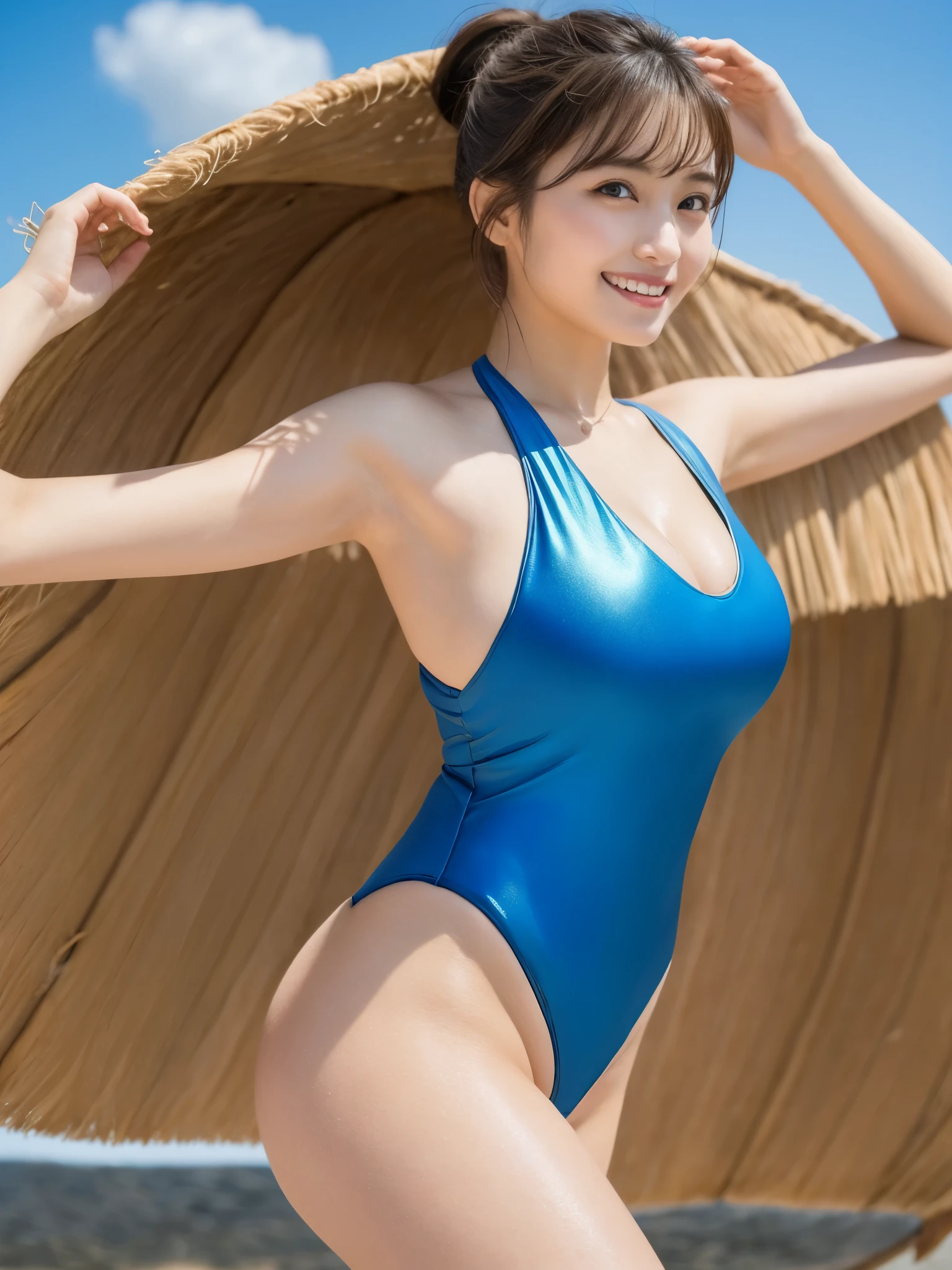 (4k、highest quality)、(realistic、Photoreal)、(Yakian)、
1 girl、一人in、whole body、(face to Beholder)、
perfect hands、look up_in_Beholder、
white shirt、
家の外in、sandy beach、detailed face、square glasses、Slightly chubby、best smile、Light brown ponytail hair,(huge breasts, cleavage:1.2),(Shiny blue competition swimsuit:1.3), (camel toe),25 years old、Nogizaka Idol、actress、japanese idol、fiery idol pose,put your arms behind your back,raise both arms,(Digression)