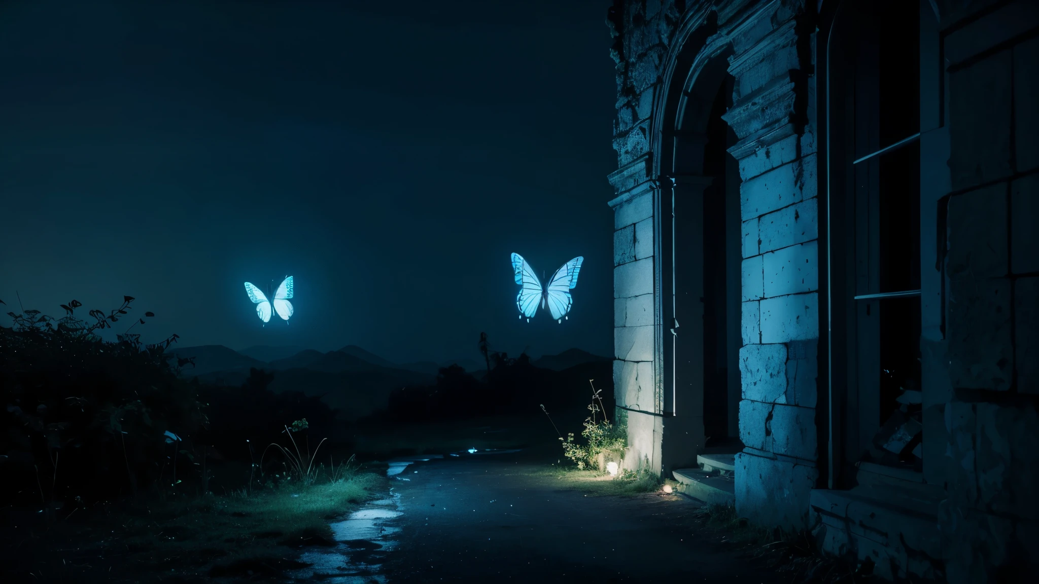 In the dark night,No light,In the lifeless ruins,A butterfly glows pale blue,Illuminate the darkness