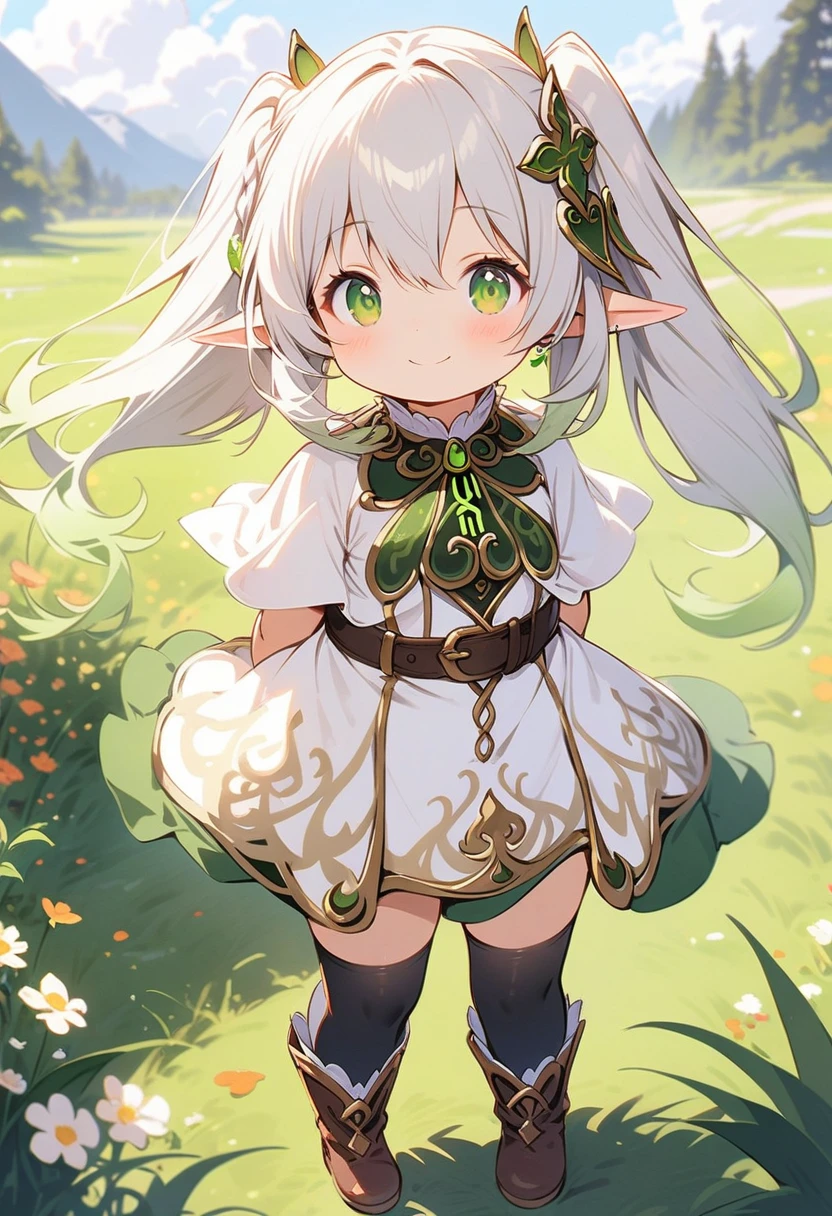 Shinkai Style, background blur, Depth of field, game scene, masterpiece, HD, best quality, 16k,1girl, solo, long hair, looking at viewer, smile, bangs, thighhighs, dress, twintails, jewelry, green eyes, standing, full body, flower, white hair, earrings, boots, outdoors, sky, day, pointy ears, belt, black thighhighs, white dress, capelet, brown footwear, arms behind back, grass, elf, white capelet, lalafell, uafs, nahida