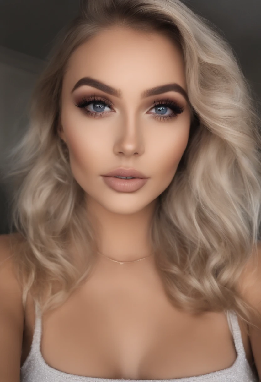 arafed femme pleinement , fille sexy aux yeux bleus, ultra realistic, meticulously detailed, Portrait de Sophie Mudd, cheveux blonds et grands yeux, selfie d'une jeune femme, yeux de la chambre, Violette Myers, sans maquillage, maquillage naturel, regarder directement la caméra, visage avec artgram, maquillage subtil, superbe photo de tout le corps à genoux sur le lit, dans la chambre, bust size medium to large mixed race