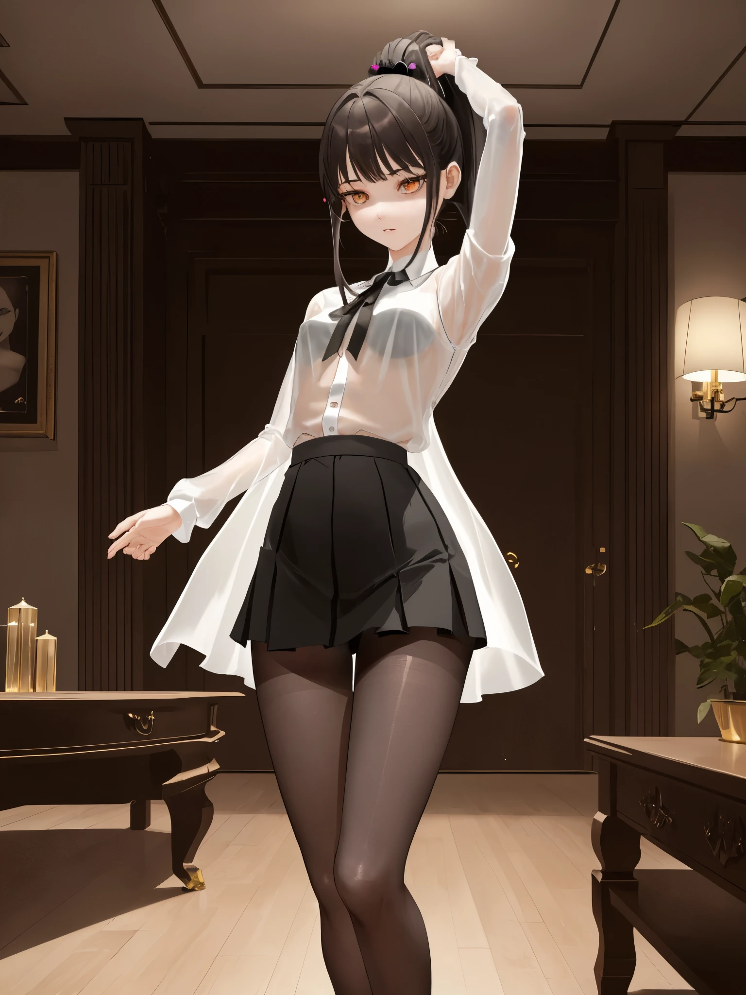 1 girl! ray tracing, best shadow, High resolution (dim lighting) detailed background (living room),chubby and slender girl, high ponytail avoiding golden eyes in the ominous living room (girl in a white shirt, Black wrinkled skirt, With black sheer pantyhose), Expressing a delicate, slim figure and graceful curves, The right limbs in the right position! put your hands behind your head, facial details! delicate features, Pay attention to the details of the position of the legs! Pay attention to the details of the hands! high quality! More qualified! Reduce errors, Super detailed CG, A more rational image! Delicate finger details,((Loss of limbs))