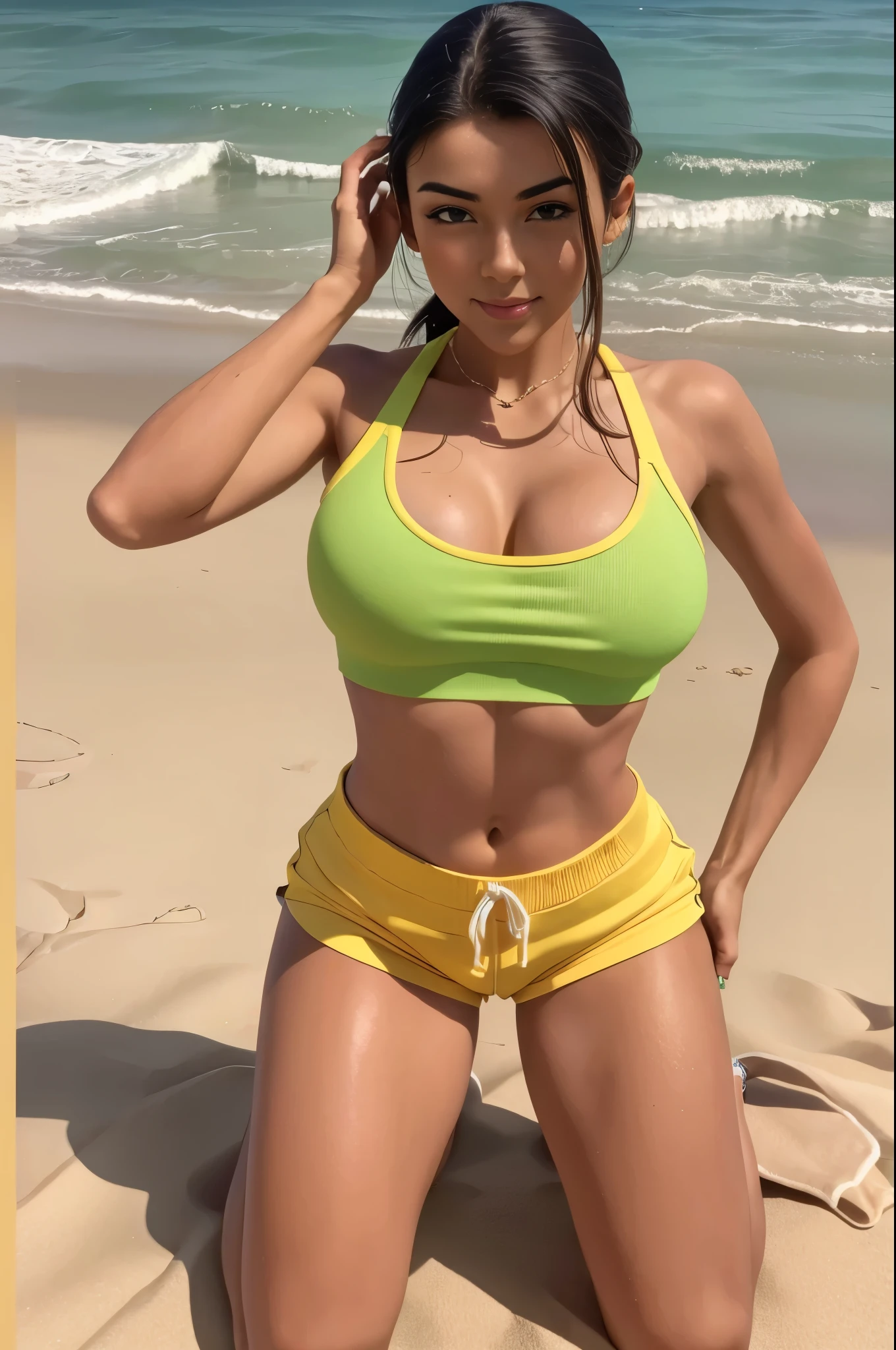 masterpiece, ultrahighquality, 8k, 1girl, latina, beautifull, atractive, sporty, fit, (yellow croptop), (green shorts), (barefoot: 1.1), (sit on her knees: 1.5), (hands on her knees: 1.1), beach, sunset,