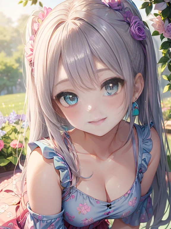 小さなgirl、thick thighs、The arrival of spring、big ass、 (alone:1.5,)Super detailed,bright colors, very beautiful detailed anime face and eyes, look straight, ;d, shiny_skin,girl, ((long silver hair,The inner color is red 、forehead is exposed.、green eyes、、shiny hair, delicate beautiful face, blush、(turquoise eyes), White skin, Valletta, earrings,、blue flower field、(((Pink ruffled dress with floral print、purple mini skirt)))、twin tails、smile、smile、Face dyed red