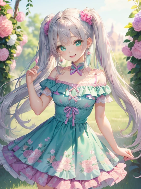 小さなgirl、thick thighs、The arrival of spring、big ass、 (alone:1.5,)Super detailed,bright colors, very beautiful detailed anime face and eyes, look straight, ;d, shiny_skin,girl, ((long silver hair,The inner color is red 、forehead is exposed.、green eyes、、shiny hair, delicate beautiful face, blush、(turquoise eyes), White skin, Valletta, earrings,、blue flower field、(((Pink ruffled dress with floral print、purple mini skirt)))、twin tails、smile、smile、Face dyed red