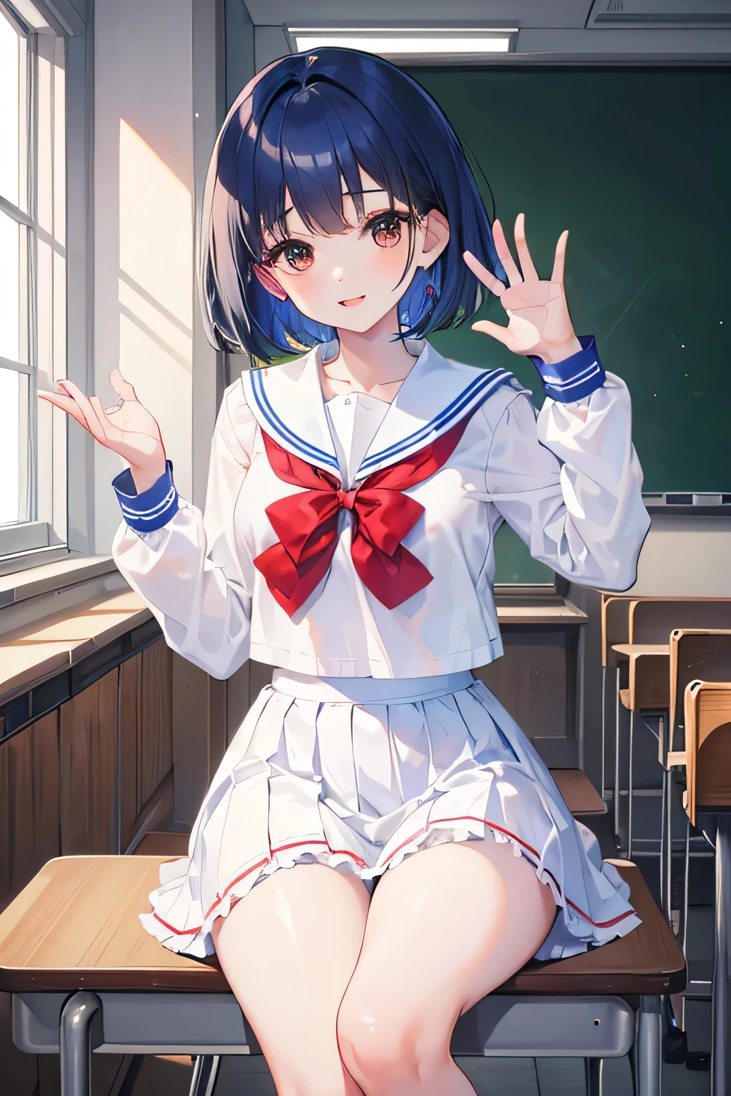 masterpiece, highest quality, High resolution, teacher, brown eyes、short hair,blue hair, white skin、thick legs、frills, serafuku, sailor collar, tie, white shirt, long sleeve, red skirt, indoors, classroom, wave hands, smile, open your mouth,
