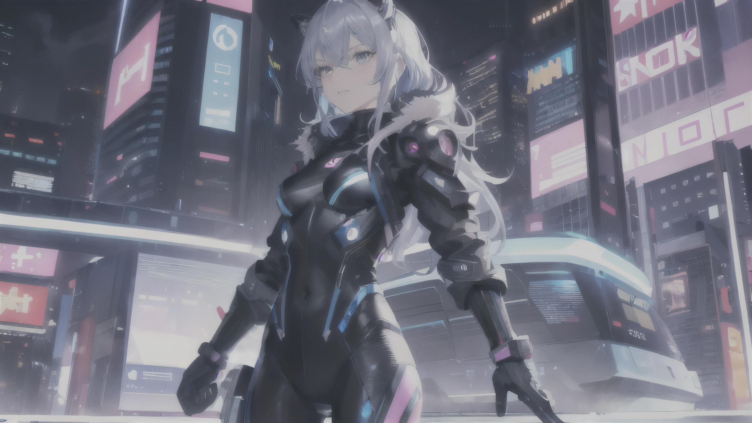 (best quality:1.2, ultra-detailed, realistic:1.37), cybernetic female, blue hair, wolf cut, pink eyes,
1 girl, cyberpunk city, flat chest, wavy hair, mechanized outfit, (robotic girl), cool poses, silver bodysuit, colorful background, rainy day, (lightning effects), silver dragon armor, (cold expression), cowboy shot