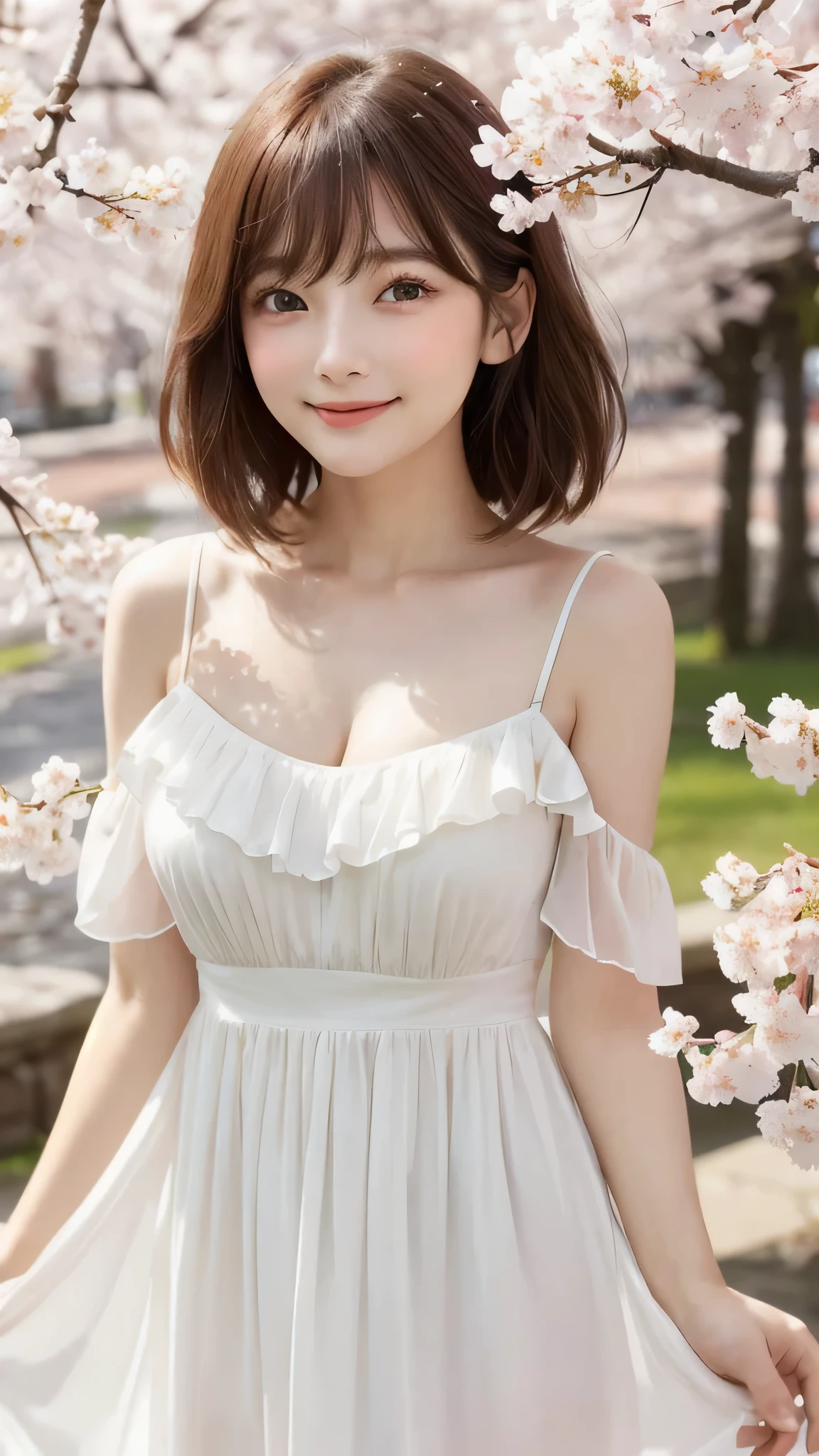 Beautiful white and shining skin、Chestnut hair that changes depending on the light、Long bangs between the eyes that obstruct the view、Cheek gloss highlights、Sexy and very beautiful nice gorgeous face、the most beautiful face in the world、small face beauty、golden ratio、full body shot、short hair、plump breasts、cleavage、slender、open your mouth a little、solo、natural soft light、Spring-like fashion、Chiffon frill flare dress、Cherry blossom trees、Dancing cherry blossom petals、