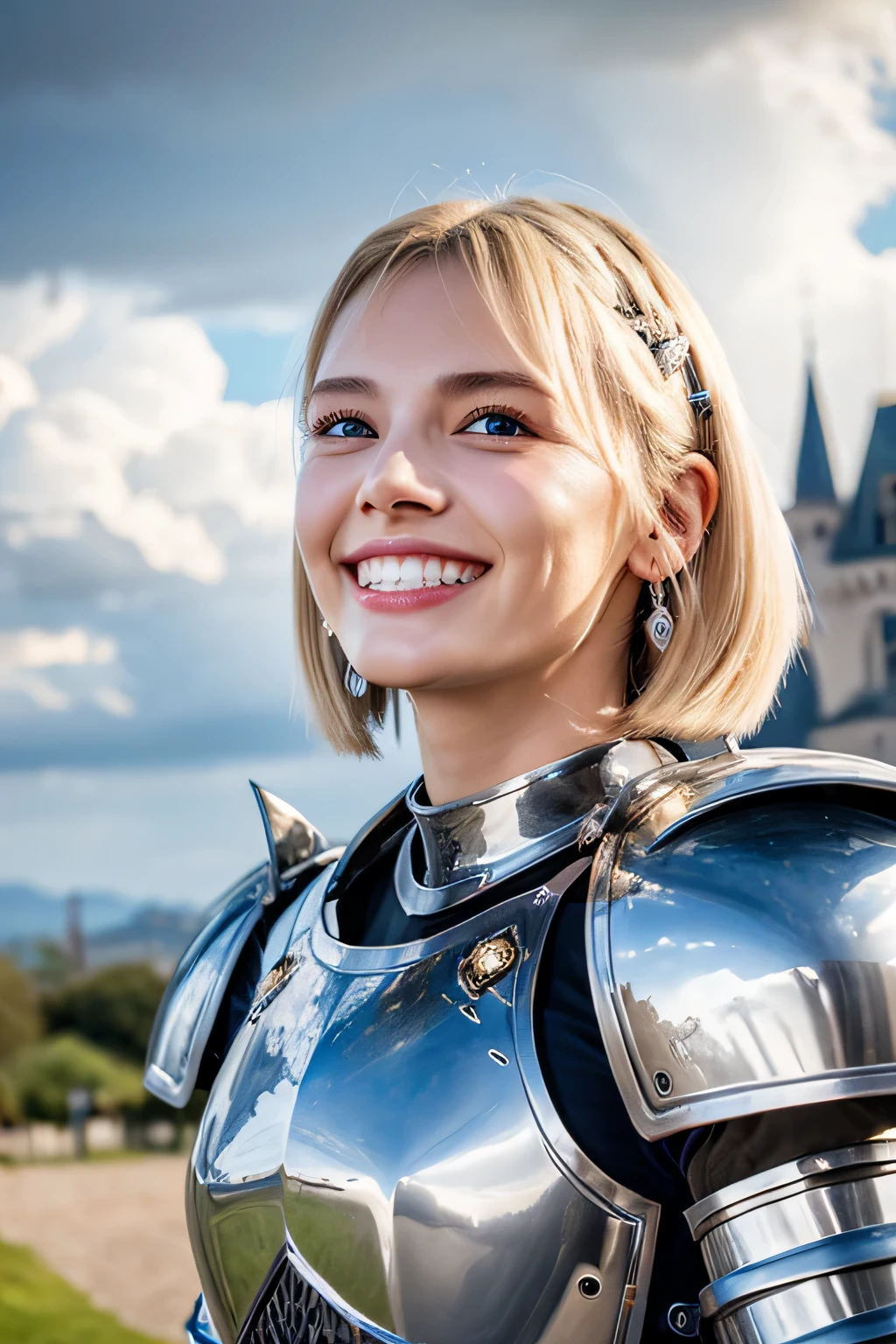 8K、highest quality、female knight、The background is a castle、Luxurious Silver Armor、heavy equipment、hairstyle short cut、smile、beautiful teeth、full body photo、ear piercing、blonde、white woman、blue eyes、The background is a cloudy sky