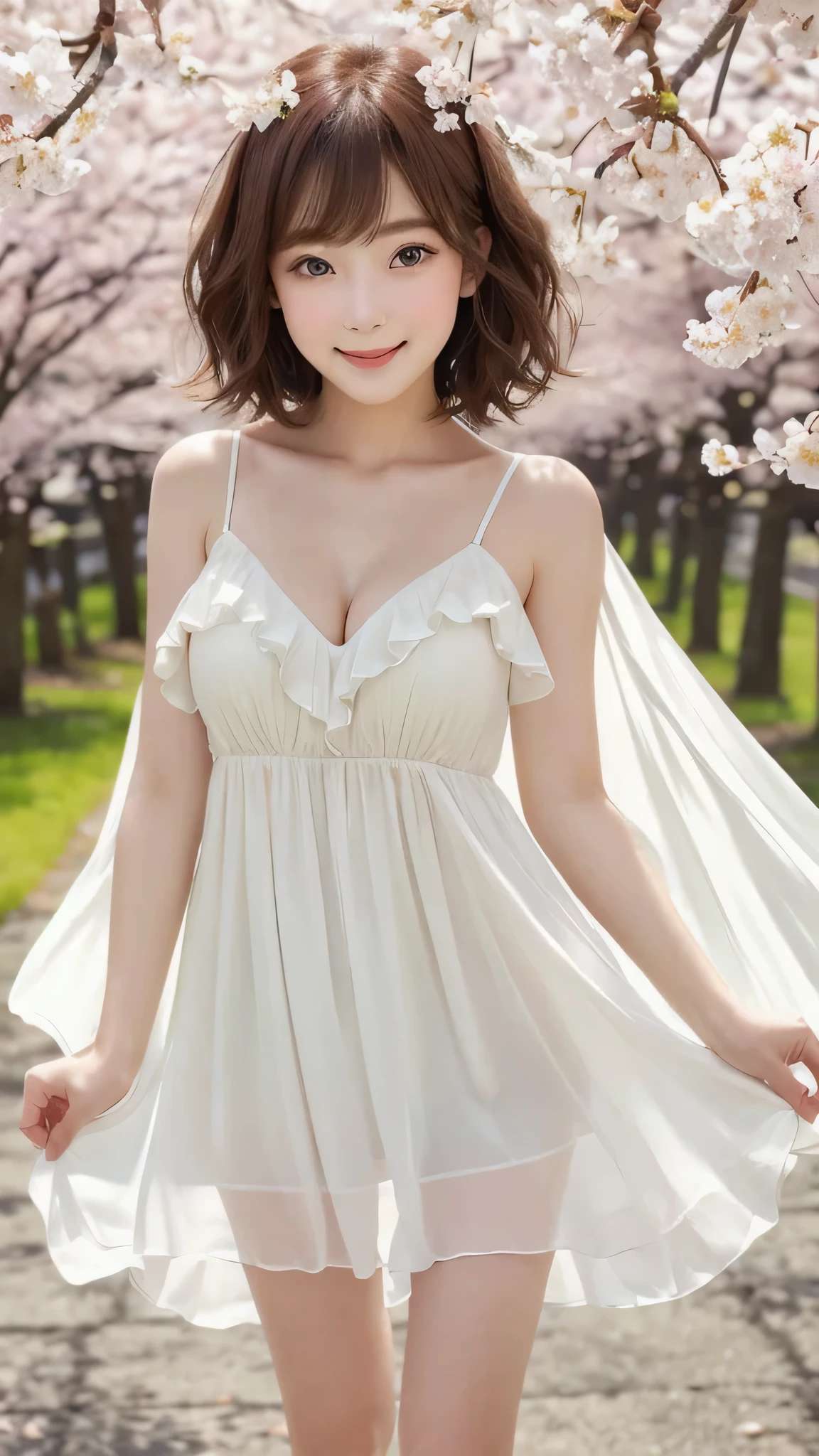 Beautiful white and shining skin、Chestnut hair that changes depending on the light、Long bangs between the eyes that obstruct the view、Cheek gloss highlights、Sexy and very beautiful nice gorgeous face、the most beautiful face in the world、small face beauty、golden ratio、full body shot、short hair、plump breasts、cleavage、slender、open your mouth a little、solo、natural soft light、Spring-like fashion、Chiffon frill flare dress、Cherry blossom trees、Dancing cherry blossom petals、