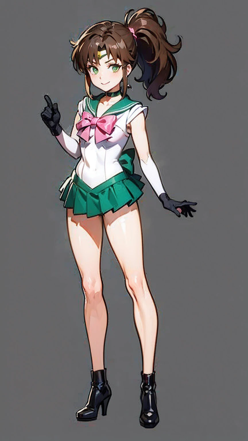 best quality, masterpiece, sailor_jupiter, brown ponytail, green eyes, bow, elbow gloves, choker, circlet, green skirt, looking at viewer, smiling, medium shot, (microminiskirt)
standing, extreme detail, hdr, beautiful quality, (simple_background:1.4) BREAK
bow, pink, BREAK
gloves, white BREAK