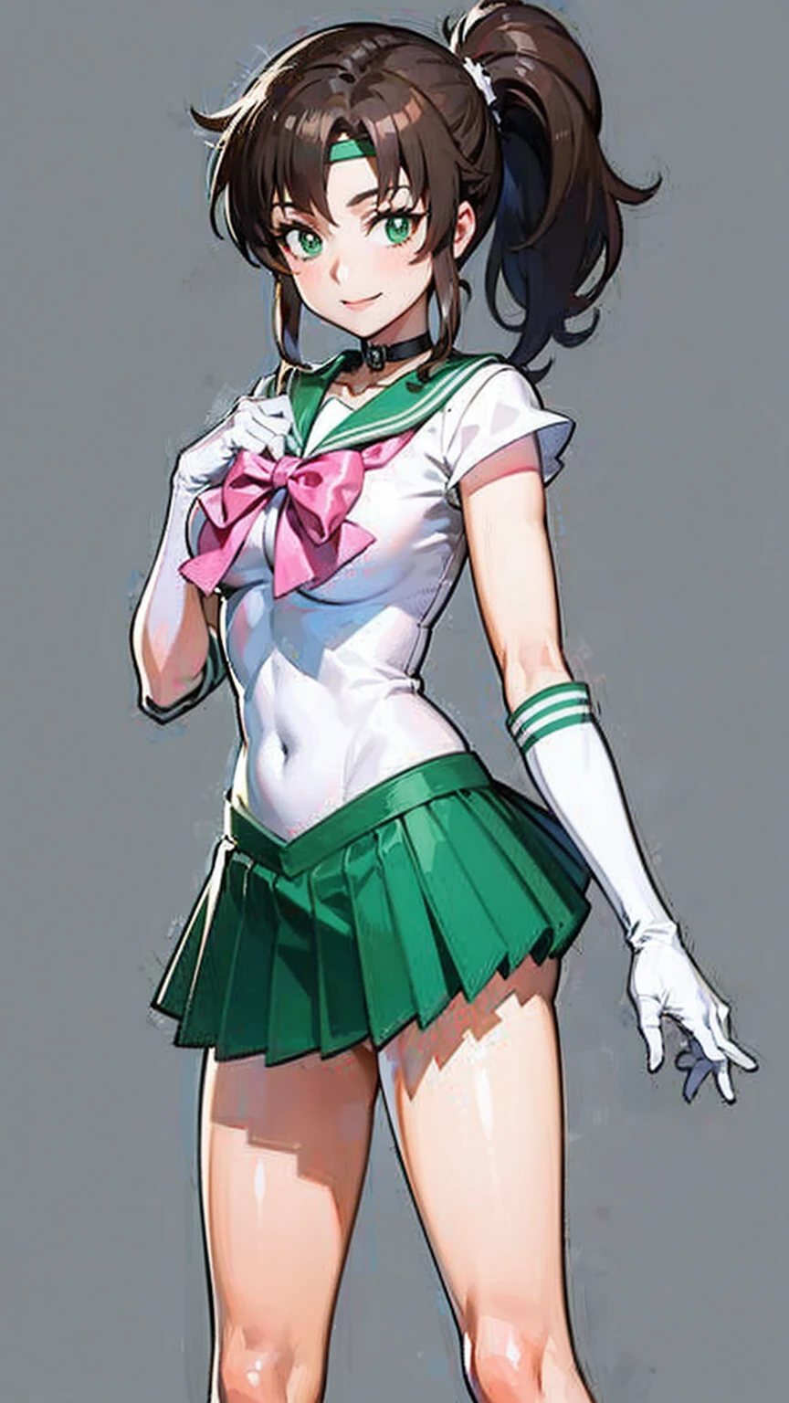 best quality, masterpiece, sailor_jupiter, brown ponytail, green eyes, bow, elbow gloves, choker, circlet, green skirt, looking at viewer, smiling, medium shot, (microminiskirt)
standing, extreme detail, hdr, beautiful quality, (simple_background:1.4) BREAK
bow, pink, BREAK
gloves, white BREAK