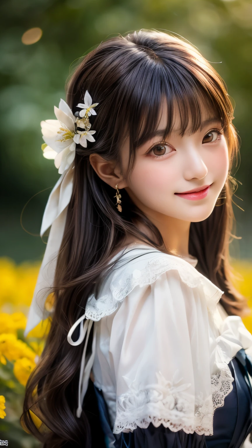 full body shot , (Highest quality become familiar with:1.2), realistic, 8k eh, High resolution, fujifilm(medium format), hasselblad, carl zeiss, Incredible dynamic range photography(utility_art：Smooth-768:1.1), (1 girl:1.2), Super become familiar with, high quality texture, intricate details, become familiar with, Very become familiar with CG, high quality shadows, become familiar with beautiful and delicate face, Beautiful details and delicate eyes, Depth of written boundary, ray tracing, , cute japanese girl, narrow side, glossy lips, glow eyes, perfect body, look at the audience, (jewelry/accessories), (Eye color is brown), (red flower hair ornament), (white long hair), (layered hairstyles), (Black Gothic Lolita), White flowers bloom all over the wall,smile, Be sure to add details in the 服, whole body,full body shot
