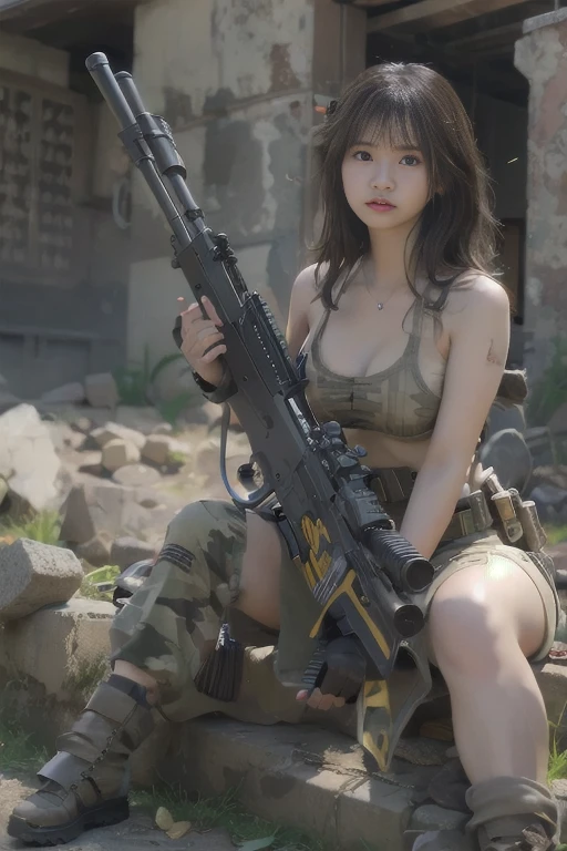 unreal engine:1.4,Super realistic K CG, From photoreal:1.4, skin texture:1.4, bikini girls top 1 ,Japanese, 16 years old, gatling gun, shell casing, looking at the viewer, bangs, ammunition belt, gloves,saggy breasts,firing,in the photo, A beautiful girl with short black hair wearing a bikini appears..，The delicate features、，wear bikini metal，standing on the ruins，Actions of a woman holding a heavy sniper rifle,cle beige dress, army chain,warjet dslr camera background, f/2.8, 5D, 16K, super resolution . realistic style, Key Visual, lively,, usually means, realistic, Camouflage, soldier, Striped camouflage makeup is applied to the face at a 45 degree angle., tough broad,