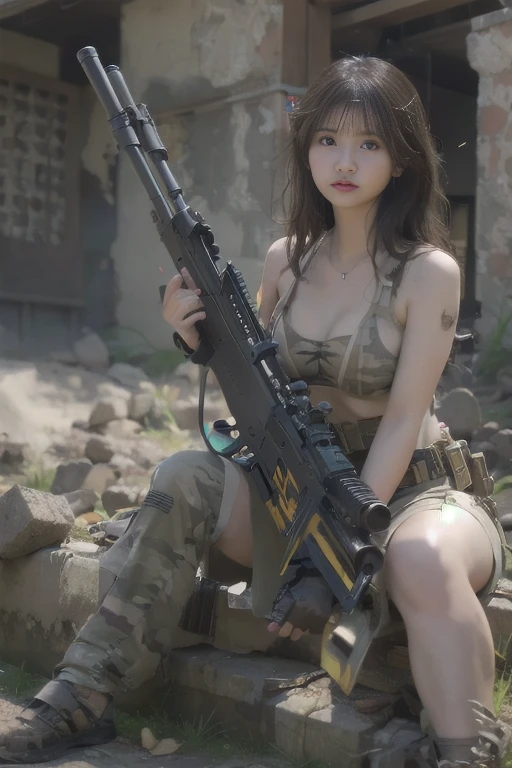unreal engine:1.4,Super realistic K CG, From photoreal:1.4, skin texture:1.4, bikini girls top 1 ,Japanese, , gatling gun, shell casing, looking at the viewer, bangs, ammunition belt, gloves,saggy breasts,firing,in the photo, A beautiful girl with short black hair wearing a bikini appears..,The delicate features、,wear bikini metal,standing on the ruins,Actions of a woman holding a heavy sniper rifle,cle beige dress, army chain,warjet dslr camera background, f/2.8, 5D, 16K, super resolution . realistic style, Key Visual, lively,, usually means, realistic, Camouflage, soldier, Striped camouflage makeup is applied to the face at a 45 degree angle., tough broad,