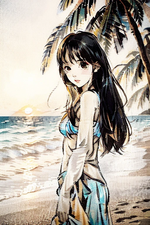 beach，sunset，beach，coconut palm，girl，waves