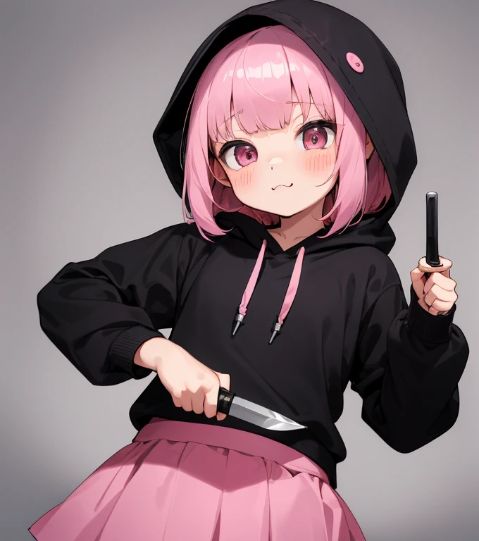 (()), ((10 years oloodie, pink hair, curtain bangs, holding a knife, cutesy face, cutesy pose.