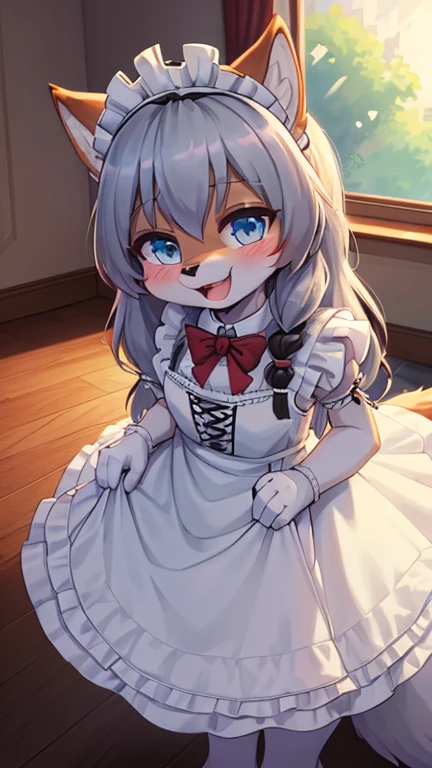 (fluffy anthro furry: 1.6),(young: 1.6),wolf girl,mini girl,blue long hair,light grey fur,wolf tail,beautiful dining room,clear window,maid headdress,maid outfit,black maid glove,maid stocking,red bowtie,seductive face,smile,open mouth,looking at viewer,blush,cleaning window,high angle