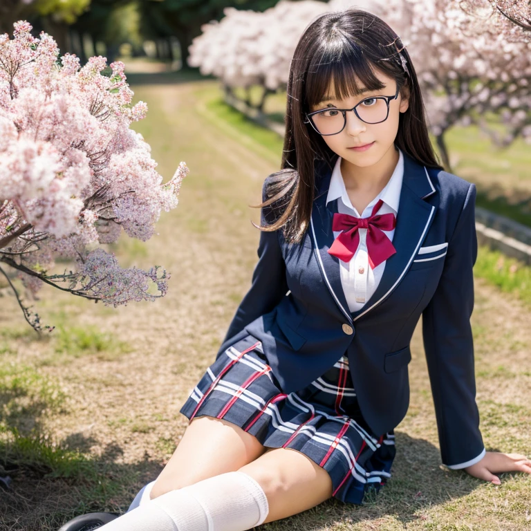 (masterpiece, highest quality, High resolution,8K), Beautiful 15 year old Japanese student, wear glasses, beautiful black hair, wear glasses, Traditional ,(navy blue blazer,white collared shirt, dark red bow tie, Grey plaid pleated skirt, white socks, black loafers), big breasts, cleavage, A Japanese school with rows of cherry trees in full bloom , Photographed at the best angle