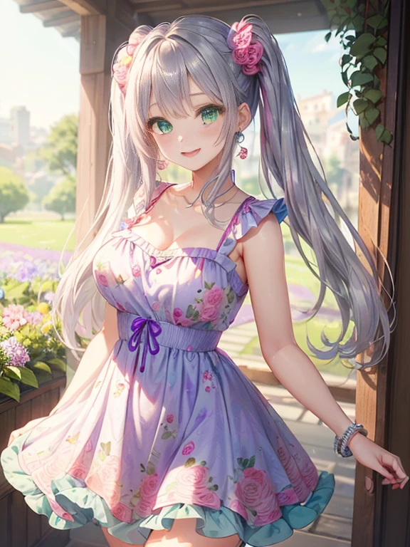 young girl、小さなgirl、thick thighs、The arrival of spring、big ass、 (alone:1.5,)Super detailed,bright colors, very beautiful detailed anime face and eyes, look straight, ;d, shiny_skin,girl, ((long silver hair,The inner color is red 、forehead is exposed.、green eyes、、shiny hair, delicate beautiful face, blush、(turquoise eyes), White skin, Valletta, earrings,、blue flower field、(((Pink ruffled dress with floral print、purple mini skirt)))、twin tails、smile、smile、Face dyed red