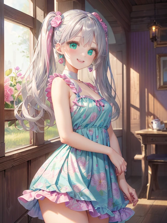 young girl、小さなgirl、thick thighs、The arrival of spring、big ass、 (alone:1.5,)Super detailed,bright colors, very beautiful detailed anime face and eyes, look straight, ;d, shiny_skin,girl, ((long silver hair,The inner color is red 、forehead is exposed.、green eyes、、shiny hair, delicate beautiful face, blush、(turquoise eyes), White skin, Valletta, earrings,、blue flower field、(((Pink ruffled dress with floral print、purple mini skirt)))、twin tails、smile、smile、Face dyed red