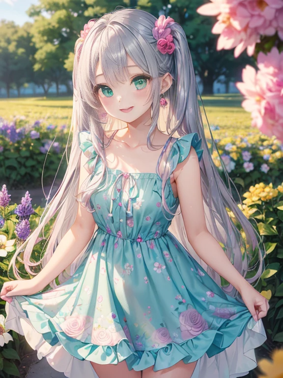 young girl、小さなgirl、thick thighs、The arrival of spring、big ass、 (alone:1.5,)Super detailed,bright colors, very beautiful detailed anime face and eyes, look straight, ;d, shiny_skin,girl, ((long silver hair,The inner color is red 、forehead is exposed.、green eyes、、shiny hair, delicate beautiful face, blush、(turquoise eyes), White skin, Valletta, earrings,、blue flower field、(((Pink ruffled dress with floral print、purple mini skirt)))、twin tails、smile、smile、Face dyed red