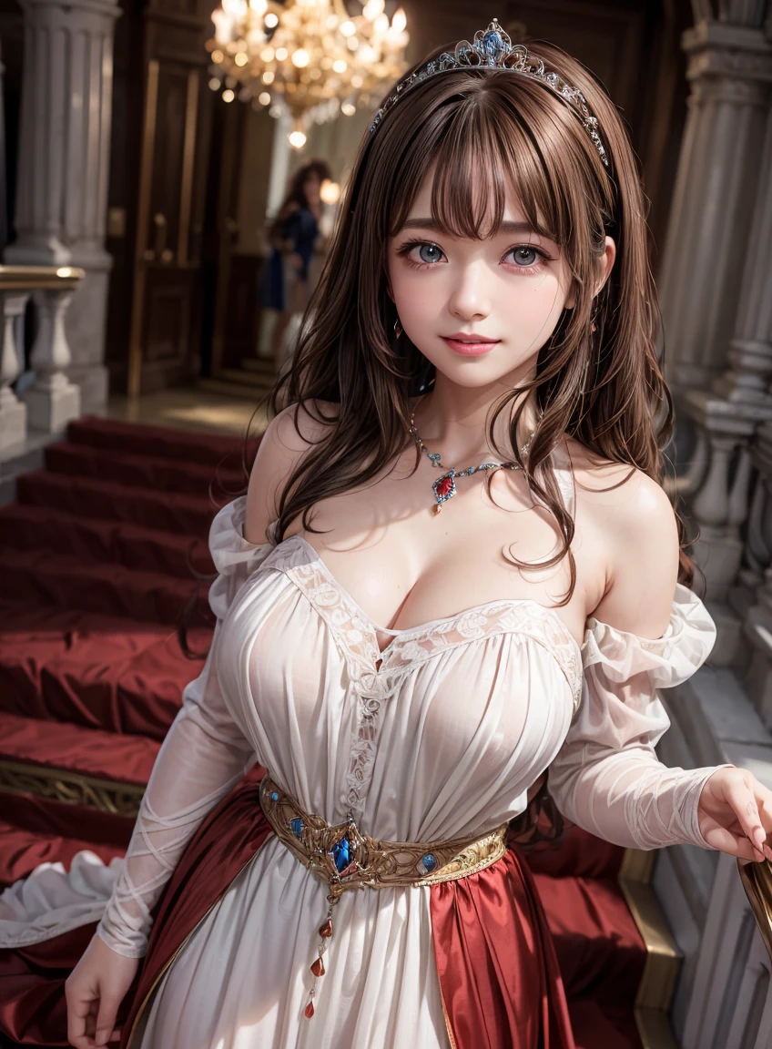 (highest quality:1.3), High resolution, Super detailed, Highly detailed CG Unity 8K wallpaper, realistic, photo-realistic, Raw photo, Beautiful and dense face, white skin, realistic glistening skin, fine fabric texture, detailed hair texture, perfect body, beautiful features, Accurate, anatomically correct, Highly detailed face and skin texture, one girl, cute, brown hair, ((curly hair, crimson eyes: 1. 2)), ((droopy eyes:1.3))shiny, silky hair, thick bangs, (Smile: 1. 2)), Princess in a beautiful dress、A majestic stone palace、gem、decoration、tiara、(Princess coming down the stairs:1.4), 