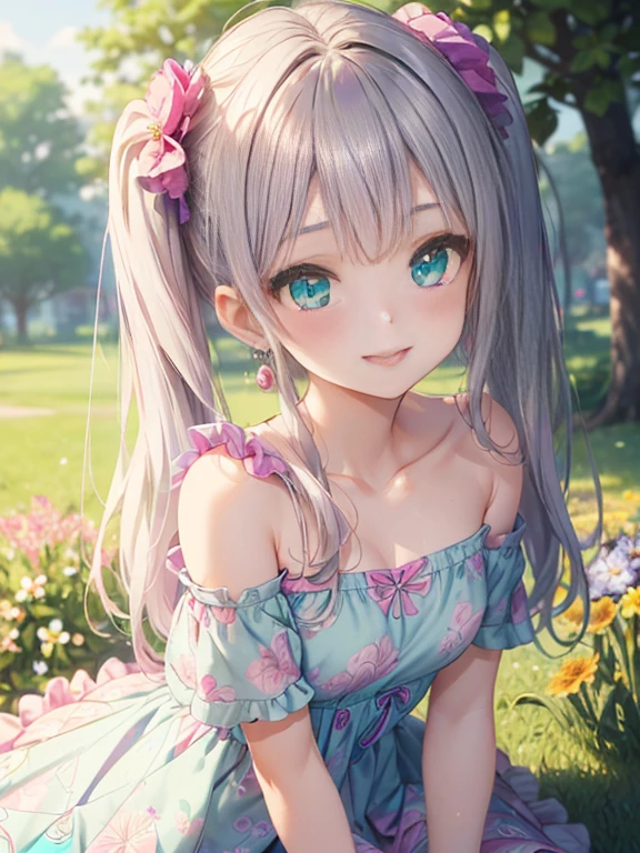 小さなgirl、The arrival of spring、big ass、 (alone:1.5,)Super detailed,bright colors, very beautiful detailed anime face and eyes, look straight, ;d, shiny_skin,girl, ((long silver hair,The inner color is red 、forehead is exposed.、green eyes、、shiny hair, delicate beautiful face, blush、(turquoise eyes), White skin, Valletta, earrings,、blue flower field、(((Pink ruffled dress with floral print、purple mini skirt)))、twin tails、smile、smile、Face dyed red