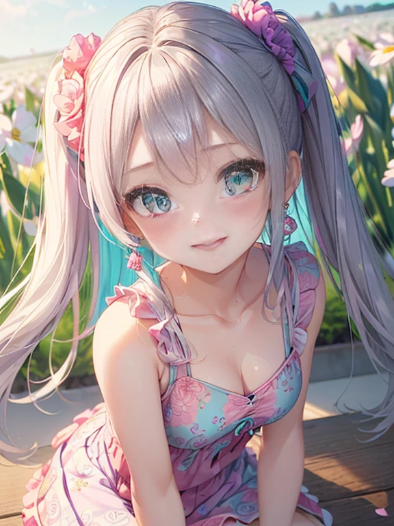 小さなgirl、The arrival of spring、big ass、 (alone:1.5,)Super detailed,bright colors, very beautiful detailed anime face and eyes, look straight, ;d, shiny_skin,girl, ((long silver hair,The inner color is red 、forehead is exposed.、green eyes、、shiny hair, delicate beautiful face, blush、(turquoise eyes), White skin, Valletta, earrings,、blue flower field、(((Pink ruffled dress with floral print、purple mini skirt)))、twin tails、smile、smile、Face dyed red