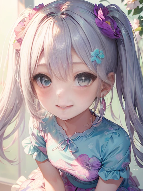 小さなgirl、The arrival of spring、big ass、 (alone:1.5,)Super detailed,bright colors, very beautiful detailed anime face and eyes, look straight, ;d, shiny_skin,girl, ((long silver hair,The inner color is red 、forehead is exposed.、green eyes、、shiny hair, delicate beautiful face, blush、(turquoise eyes), White skin, Valletta, earrings,、blue flower field、(((Pink ruffled dress with floral print、purple mini skirt)))、twin tails、smile、smile、Face dyed red