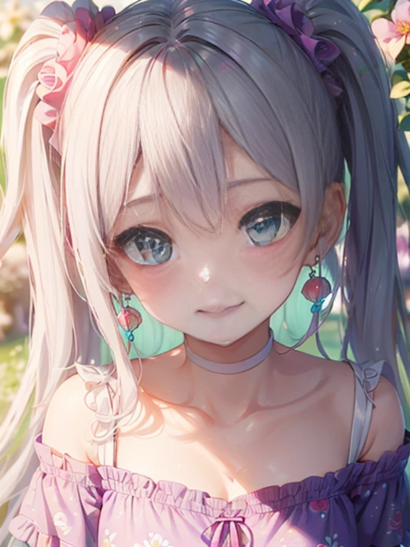 小さなgirl、thick thighs、The arrival of spring、big ass、 (alone:1.5,)Super detailed,bright colors, very beautiful detailed anime face and eyes, look straight, ;d, shiny_skin,girl, ((long silver hair,The inner color is red 、forehead is exposed.、green eyes、、shiny hair, delicate beautiful face, blush、(turquoise eyes), White skin, Valletta, earrings,、blue flower field、(((Pink ruffled dress with floral print、purple mini skirt)))、twin tails、smile、smile、Face dyed red