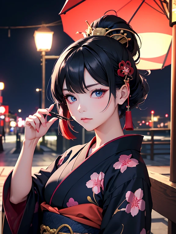 Oiran Dochu、woman1name、strong will。strong gaze、adult sex appeal、dark atmosphere。 black hair、beautiful, blue eyes, ,night light ((8K, Hmm, surreal))、she is wearing a proper yukata。glare、spring。Cherry-blossom viewing。Navy Kimono