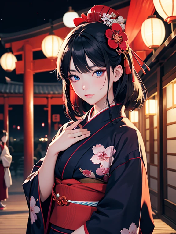 Oiran Dochu、woman1name、strong will。strong gaze、adult sex appeal、dark atmosphere。 black hair、beautiful, blue eyes, ,night light ((8K, Hmm, surreal))、she is wearing a proper yukata。glare、spring。Cherry-blossom viewing。Navy Kimono