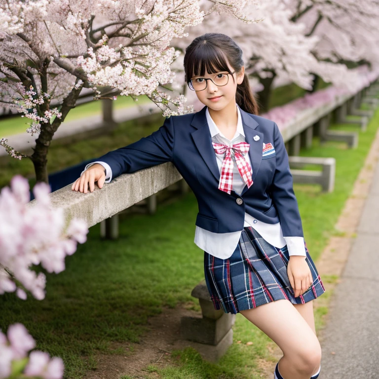 (masterpiece, highest quality, High resolution,8K), Beautiful 15 year old Japanese student, wear glasses, beautiful black hair, wear glasses, Traditional ,(navy blue blazer,white collared shirt, dark red bow tie, Grey plaid pleated skirt, White short socks, black loafers), big breasts, cleavage, A Japanese school with rows of cherry trees in full bloom , Photographed at the best angle