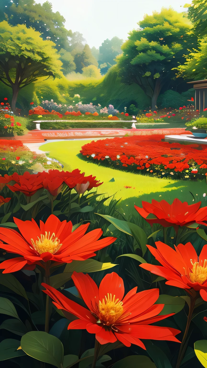 Red flowers blooming in a lush garden, wallpaper-worthy quality, high detail, nature, realistic, vibrant colors, soft lighting, aesthetic,